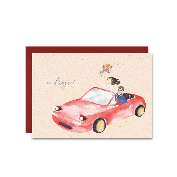 Kartka na ślub - Młoda Para w aucie