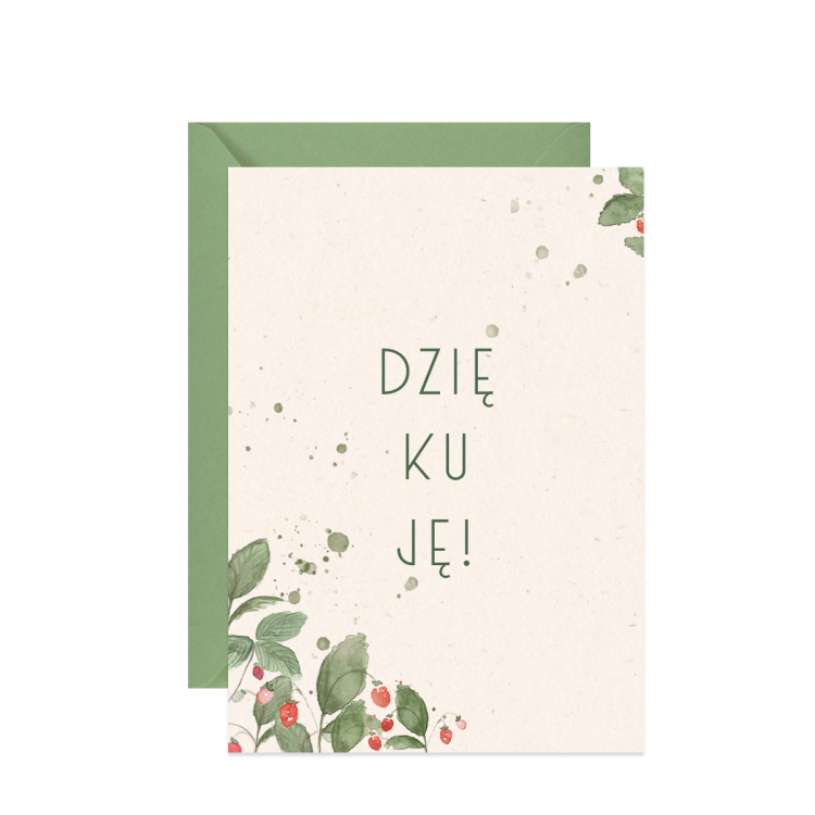 Kartka z akwarelowymi poziomkami i napisem Dziękuję