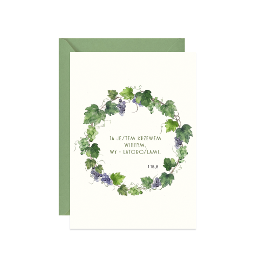 Kartka na Pierwszą Komunię Świętą z wiankiem winorośli